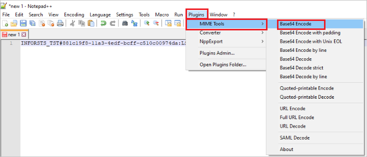 Notepad++ ドキュメントのスクリーンショット。[Plugins]\(プラグイン\) メニューの [MIME tools]\(MIME ツール\) が強調表示されています。[MIME tools]\(MIME ツール\) メニューの [Base64 encode]\(Base64 エンコード\) が強調表示されています。