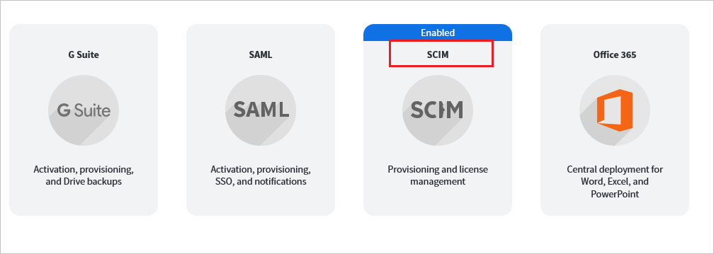 Lucidchart 管理コンソールのスクリーンショット。大きな [SCIM] ボタンの中でテキスト [SCIM] が強調表示されており、[enabled]\(有効\) バナーが表示されています。