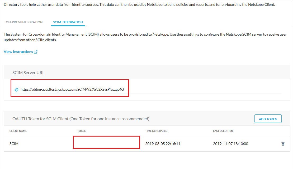 Netskope User Authentication の [Create Token]\(トークンの作成\)