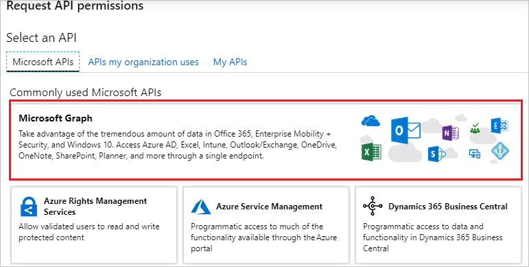 [API アクセス許可の要求] ページのスクリーンショット。[Microsoft API] タブと [Microsoft Graph] タイルが選択されています。