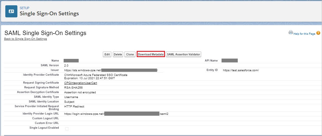 [Single Sign-On Settings]\(シングルサインオンの設定\) ページを示すスクリーンショット。[Download Metadata]\(メタデータのダウンロード\) ボタンが選択されています。