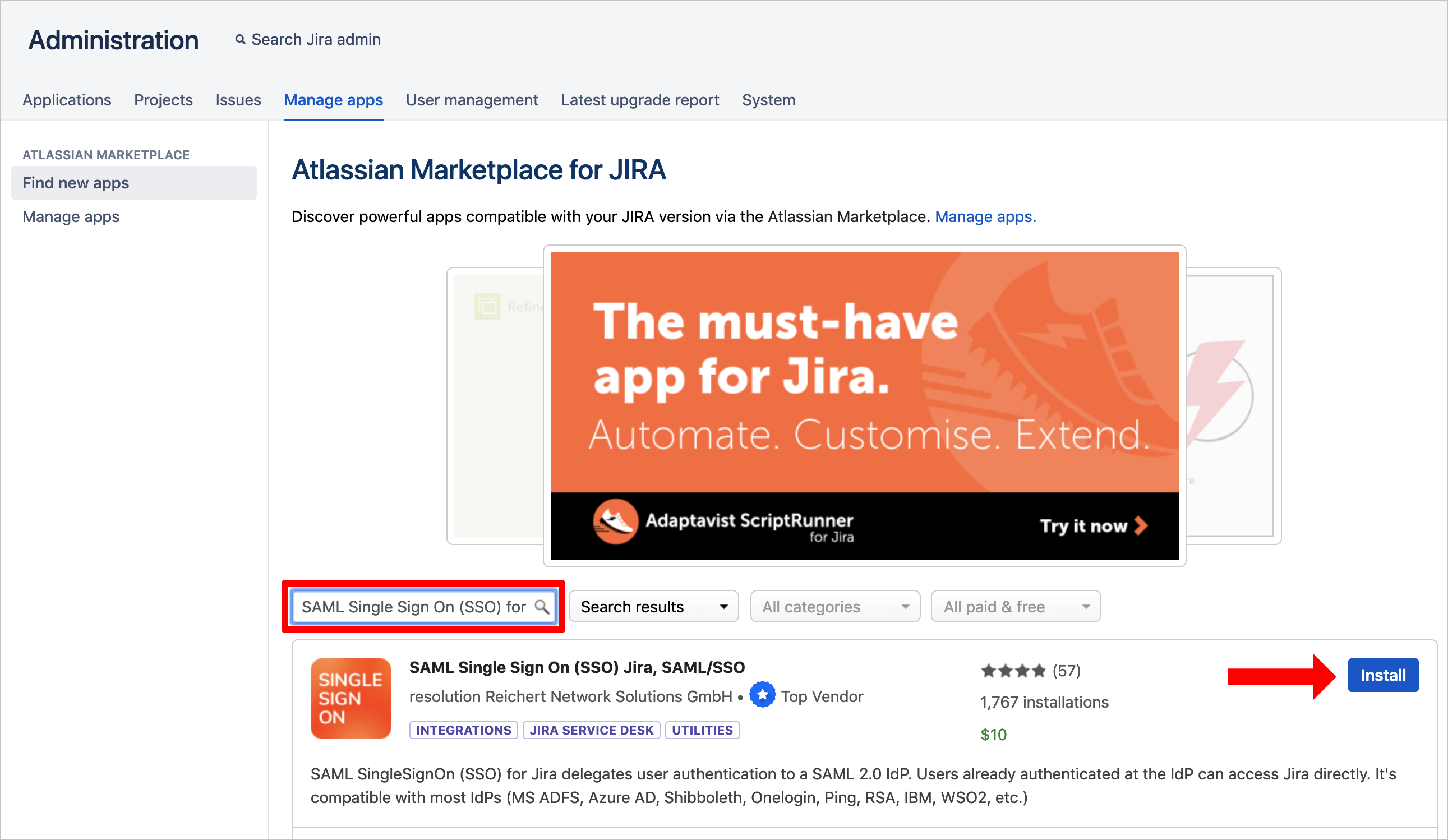 [Atlassian Marketplace for JIRA]\(JIRA の Atlassian マーケットプレース\) を示すスクリーンショット。[S A M L Single Sign On (S S O) Jira, S A M L/S S O]\(S A M L シングル サインオン (S S O) Jira、S A M L/S S O\) アプリの [Install]\(インストール\) ボタンを指している矢印が表示されています。