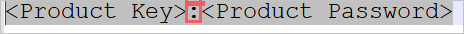 プレーンテキストのスクリーンショット。[プロダクト キー] と [プロダクト パスワード] がコロンで区切られています。