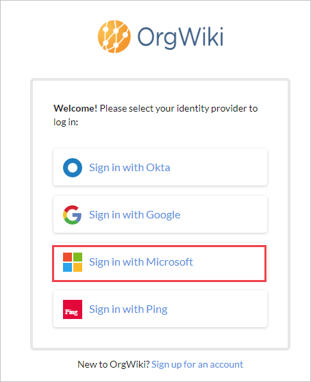 The Org Wiki のサインイン ページのスクリーンショット。[Microsoft アカウントでサインイン] オプションが選択されています。