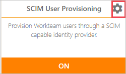 [設定] セクションの下部にある [SCIM User Provisioning]\(SCIM ユーザー プロビジョニング\) 歯車アイコンが四角で囲まれたスクリーンショット。