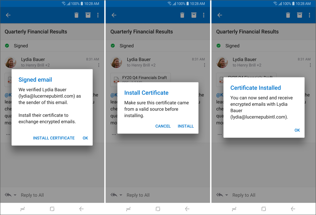 Outlook for Android 公開キーのインストールのスクリーンショット。