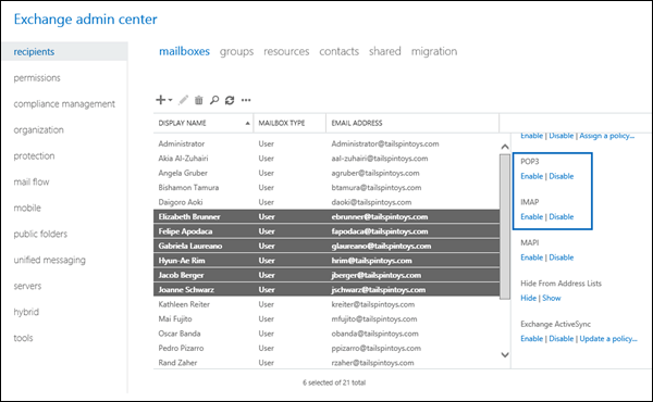 POP3 または IMAP4 を有効または無効にするには、EAC でメールボックスを一括選択します。