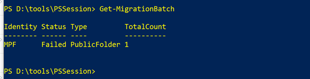 Get-MigrationBatch コマンドのスクリーンショット。