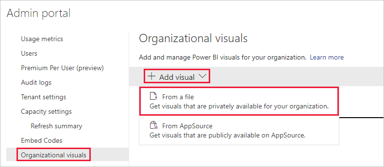 Power BI 管理者設定の [組織の視覚化] メニューを示すスクリーンショット。[視覚化の追加] オプションが展開され、[ファイルから] オプションが選択されています。