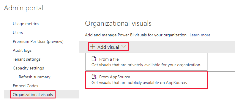 Power BI 管理者設定の [組織の視覚化] メニューを示すスクリーンショット。[視覚化の追加] オプションが展開され、[AppSource から] オプションが選択されています。