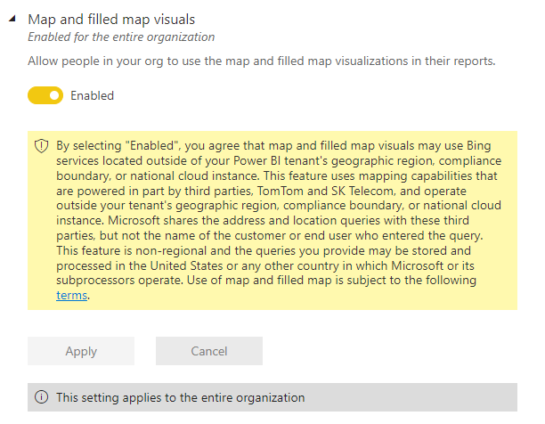 Screenshot of the map and filled map visuals admin setting.