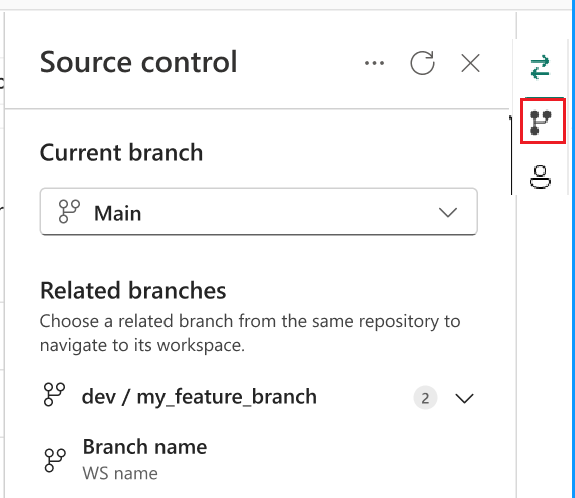 ユーザーが切り替えることができる関連ブランチの一覧を示すスクリーンショット。