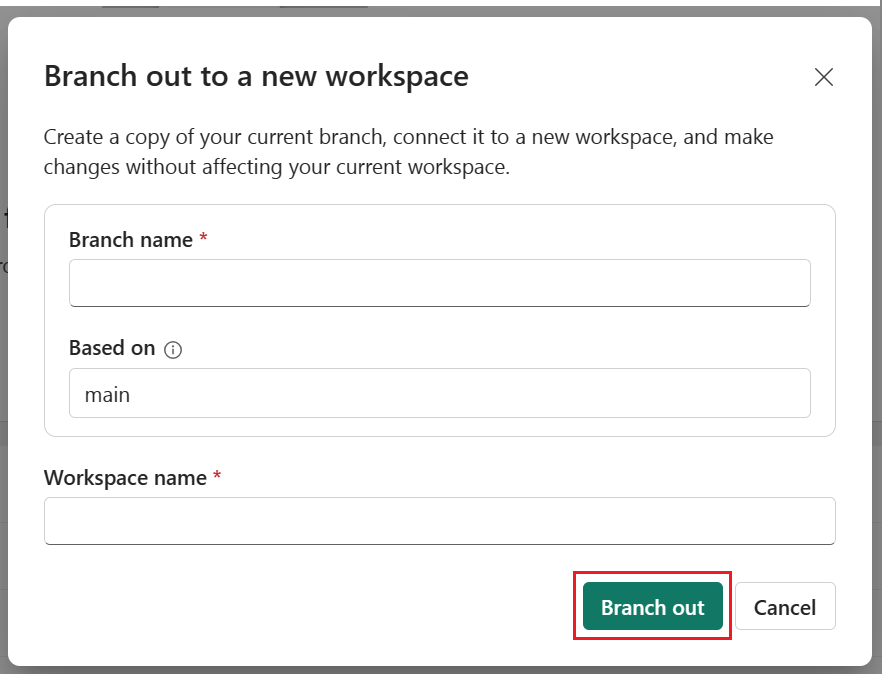 新しいブランチとワークスペースの名前を指定するブランチ アウトのスクリーンショット。
