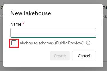 新規Lakehouse ダイアログを示すスクリーンショット。