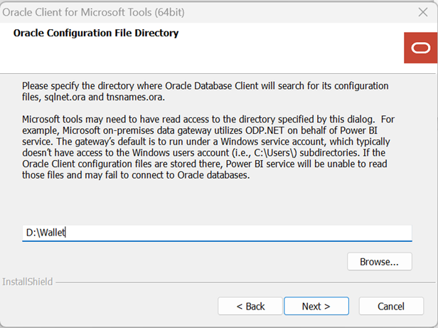 [Oracle 構成ファイル ディレクトリ] ページを示すスクリーンショット。