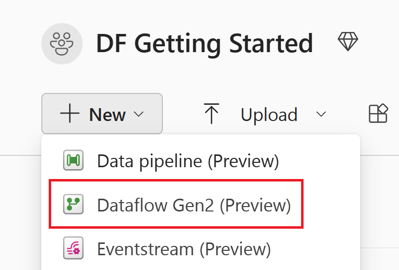 [Dataflow Gen2] の選択が強調表示されているスクリーンショット。