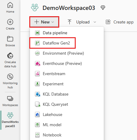 新しい Dataflow Gen2 オプションが強調表示されたデモ ワークスペースを示すスクリーンショット。