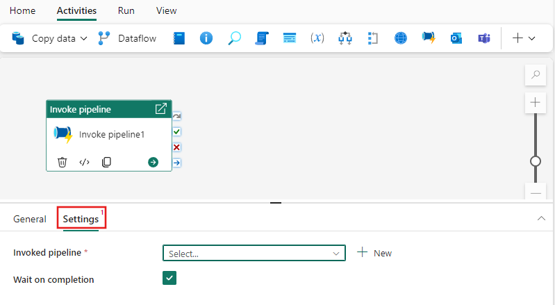 Invoke パイプライン アクティビティの [設定] タブを示すスクリーンショット。このタブが強調表示されています。