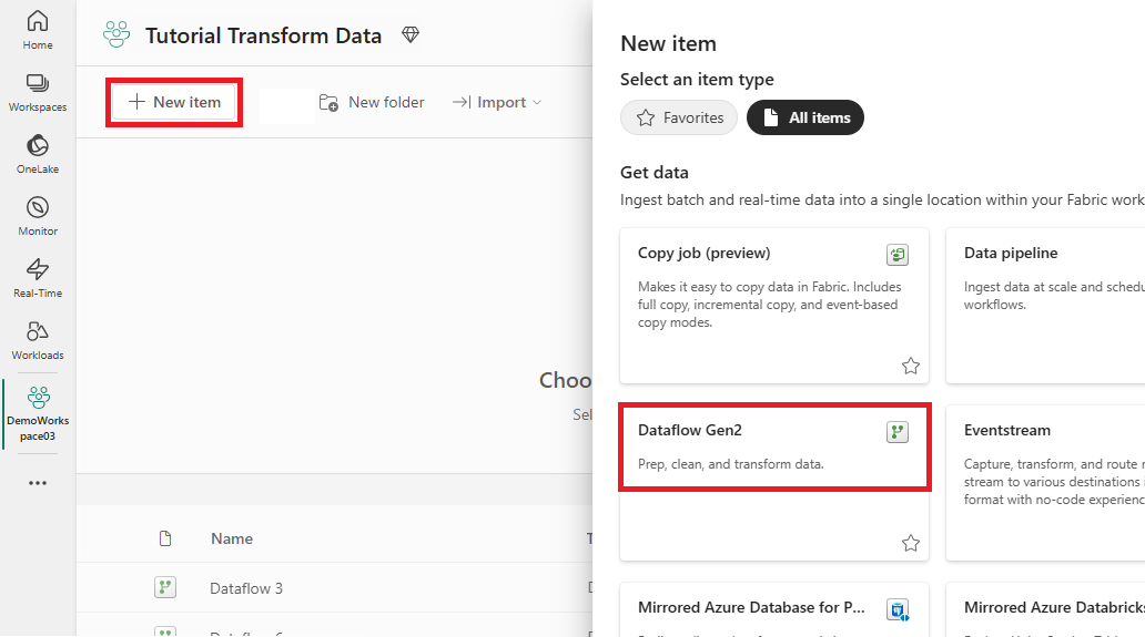 Screenshot showing where to start creating a dataflow gen2.