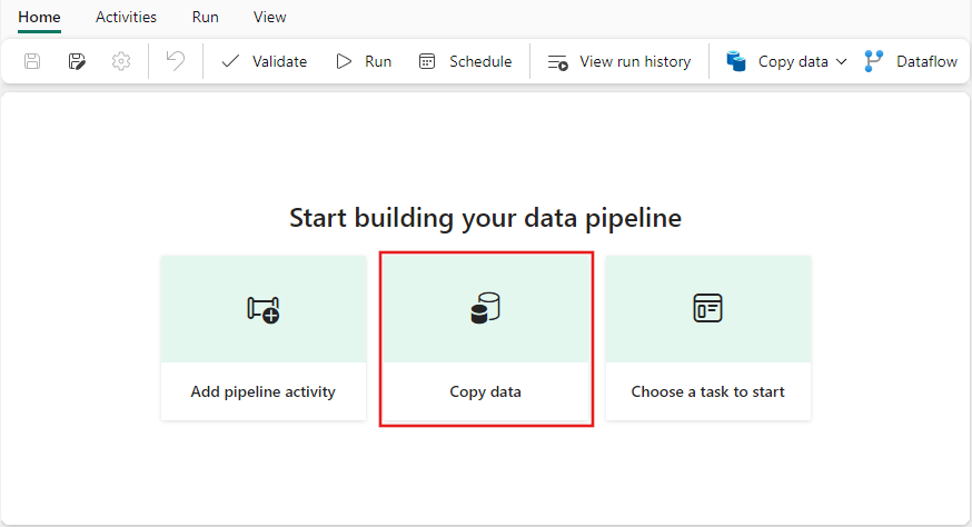 新しいパイプラインの開始ページからの [データのコピー] アクティビティの選択を示すスクリーンショット。