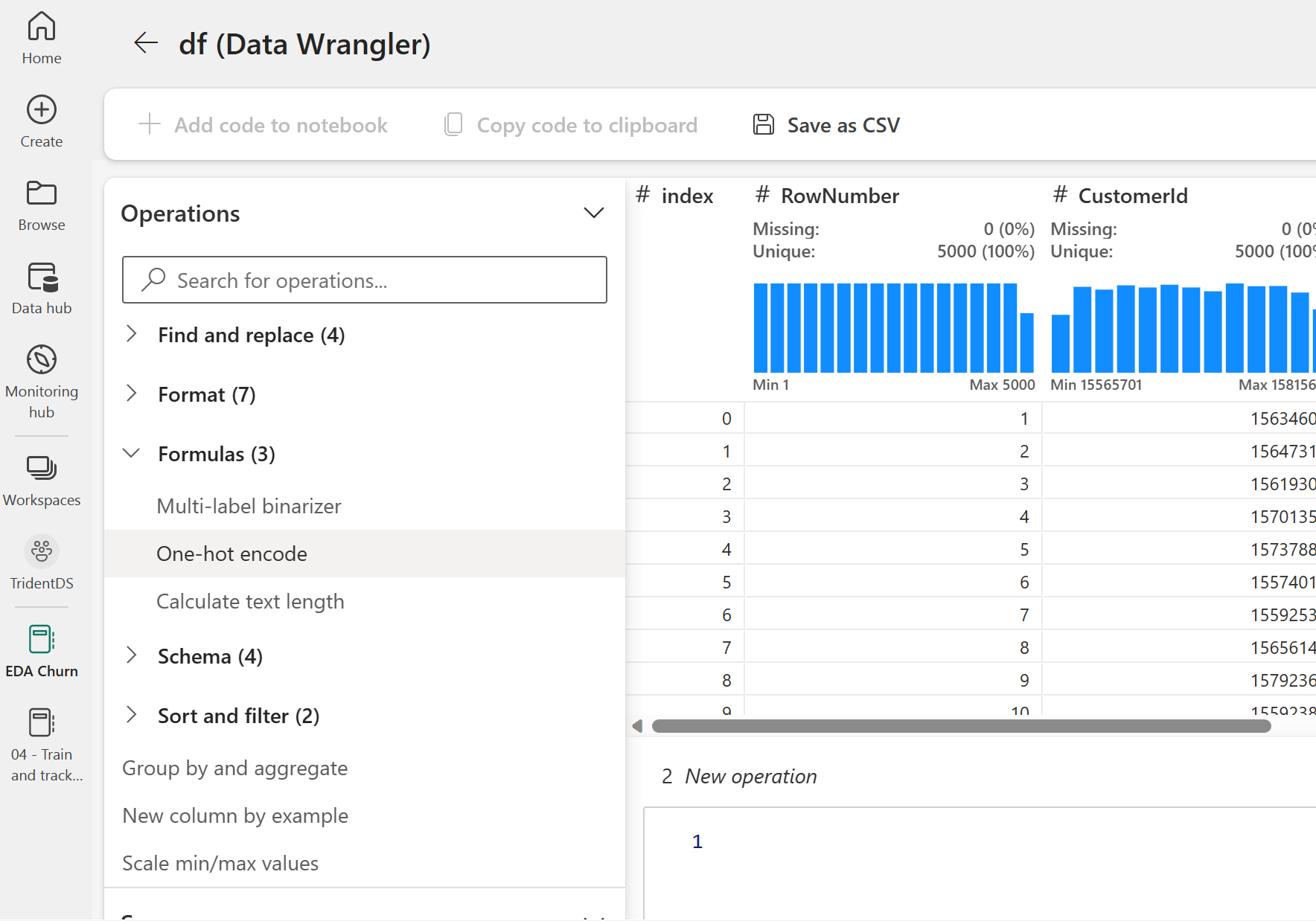 Screenshot that shows one-hot encoding in Data Wrangler.