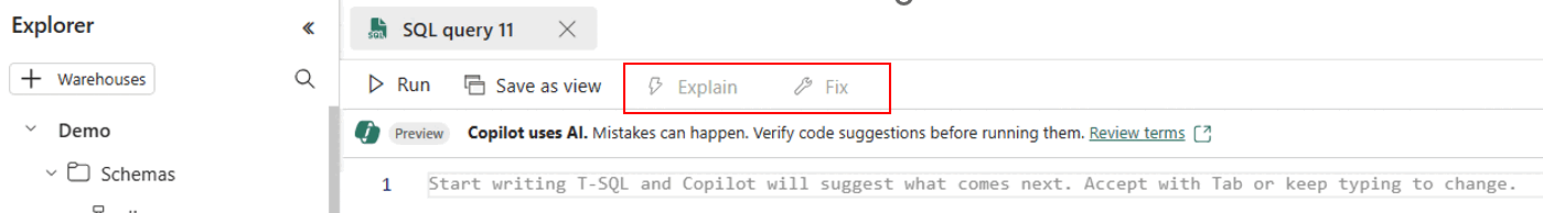 新しい空の SQL クエリ タブの上にある [説明] ボタンと [修正] ボタンを示す Fabric ポータルのスクリーンショット。