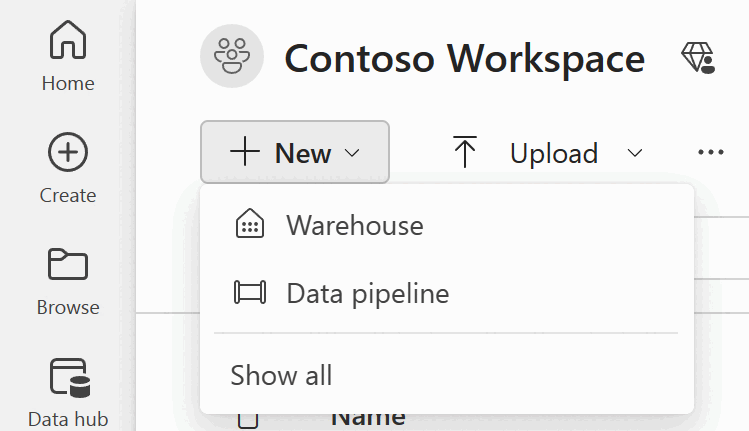 [新規] ボタンとオプション (ウェアハウス、データ パイプライン、全て表示) が表示されているユーザーのワークスペースの上部セクションのスクリーンショット。