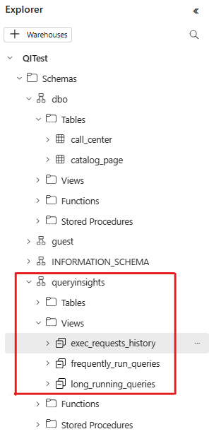 [スキーマ]、[queryinsights]、[ビュー] でクエリ分析情報ビューを検索する場所を示す Fabric エクスプローラーのスクリーンショット。