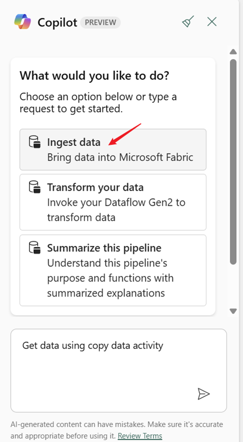 Data Factory Copilotを示すスクリーンショット。[データの取り込み] オプションが強調表示されています。