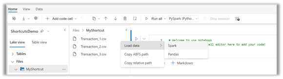 右クリック メニューの [データの読み込み] オプションと [Spark] オプションの場所を示すスクリーンショット。