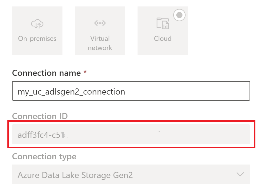 ADLS Gen2 接続 ID を示すスクリーンショット。