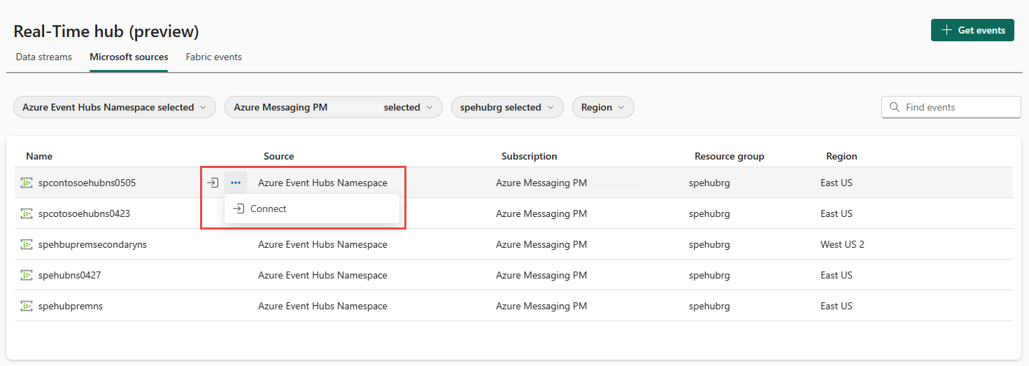 イベント ハブを表示するためのフィルターと、イベント ハブの [接続] ボタンが表示された [Microsoft ソース] タブを示すスクリーンショット。