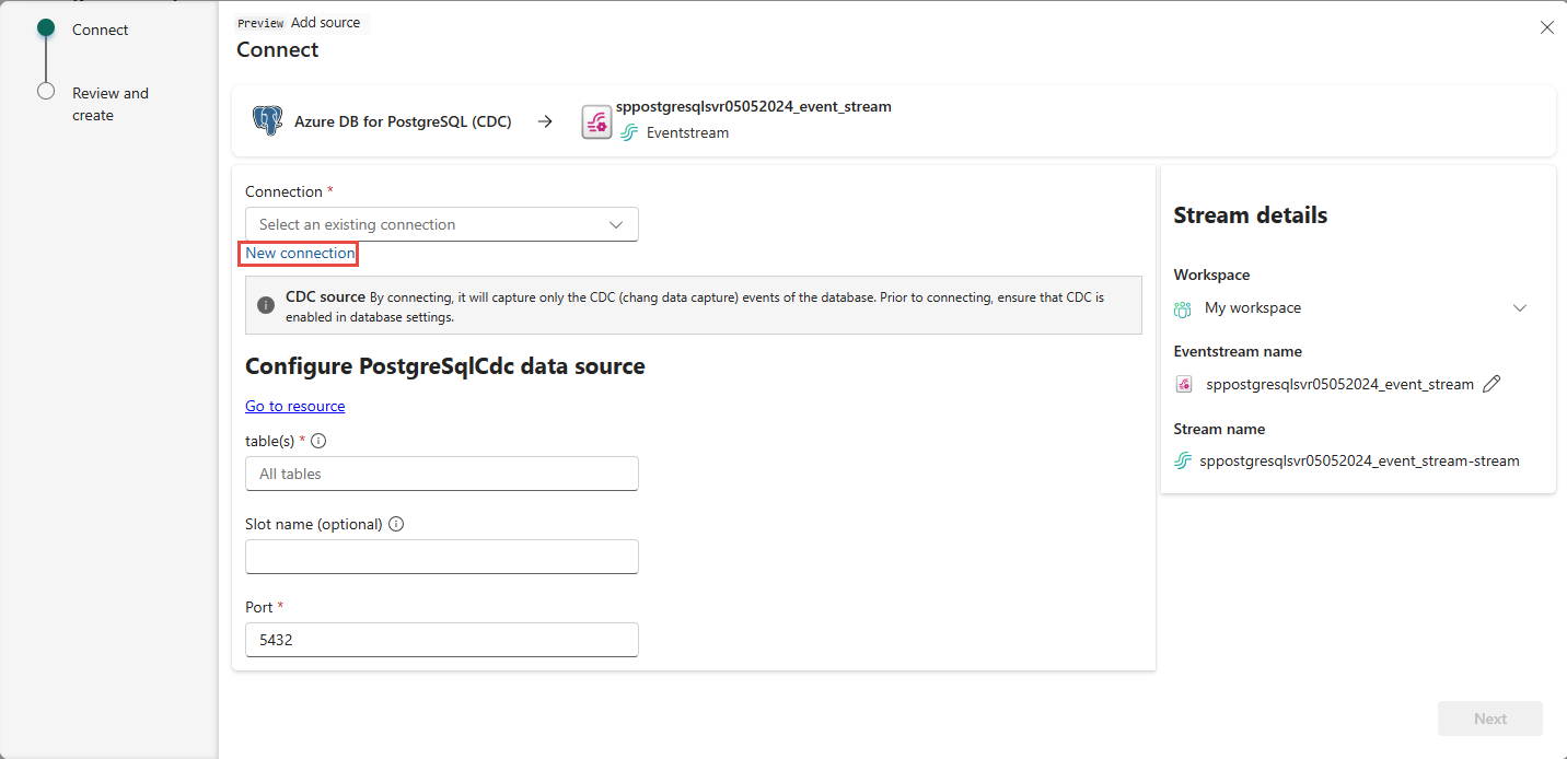 新しい接続リンクが強調表示された Azure PostgreSQL データベースの接続ページを示すスクリーンショット。