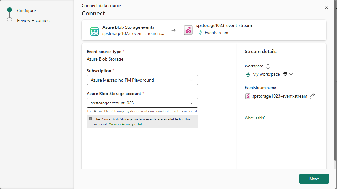 Azure Blob Storage アカウントの接続設定を示す Azure portal のスクリーンショット。