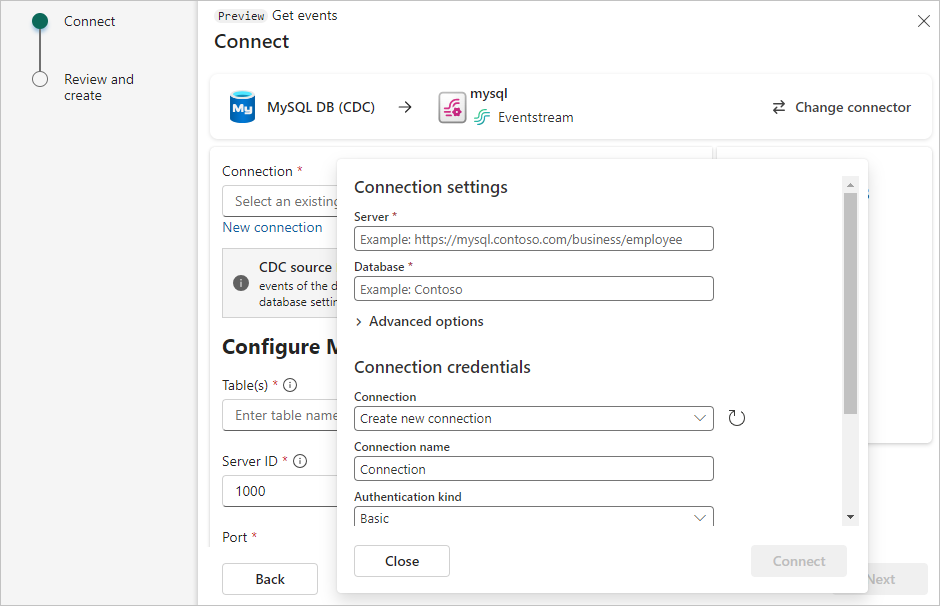 Azure MySQL DB (CDC) の接続設定のスクリーンショット。