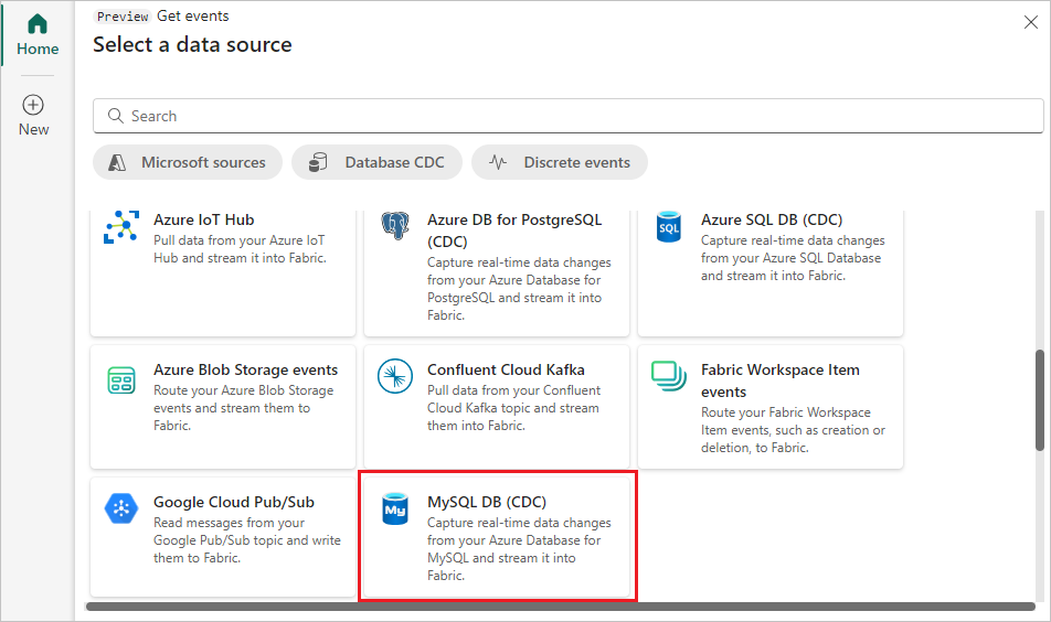 Azure MySQL DB (CDC) の選択のスクリーンショット。