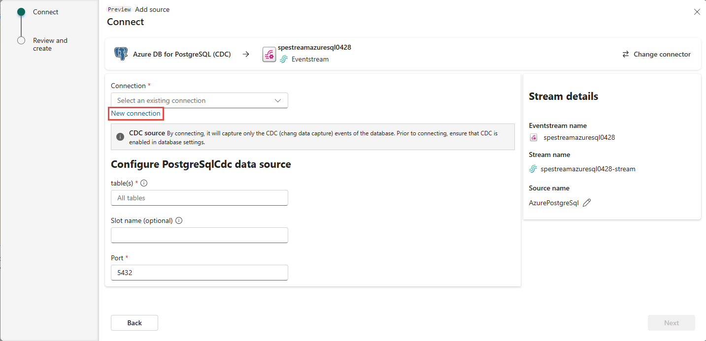 新しい接続リンクが強調表示された Azure PostgreSQL データベースの接続ページを示すスクリーンショット。