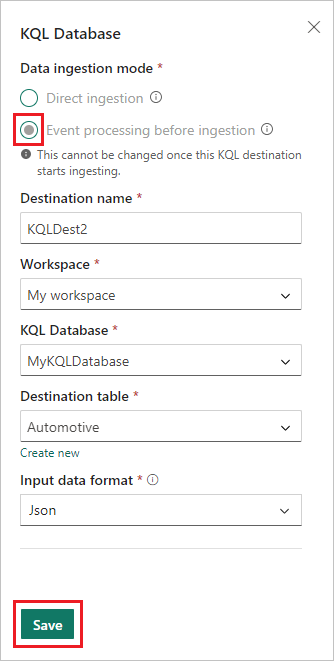 インジェストの前にイベントを処理のための KQL データベース構成画面のスクリーンショット。