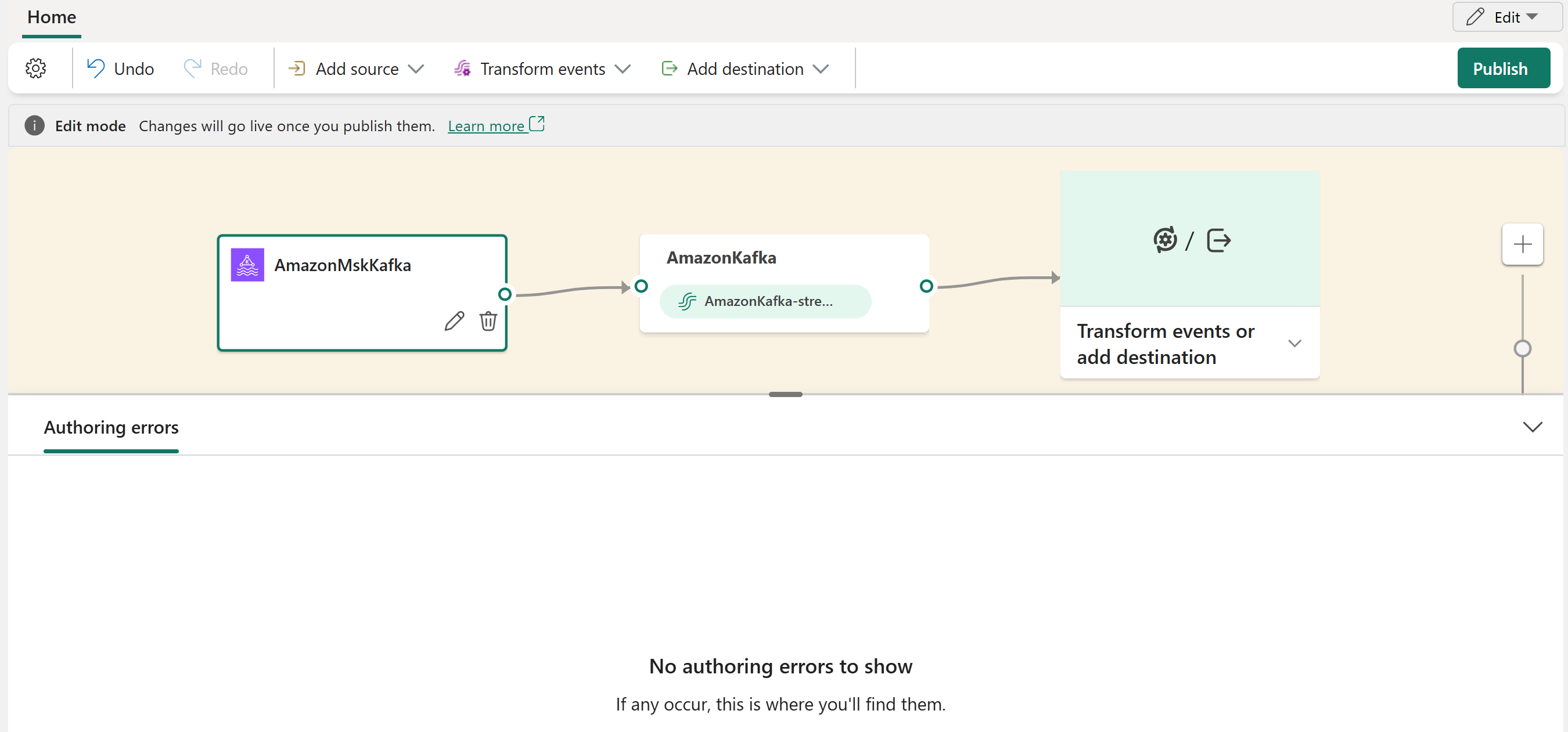 Amazon MSK Kafka ソースが編集ビューに表示されているスクリーンショット。