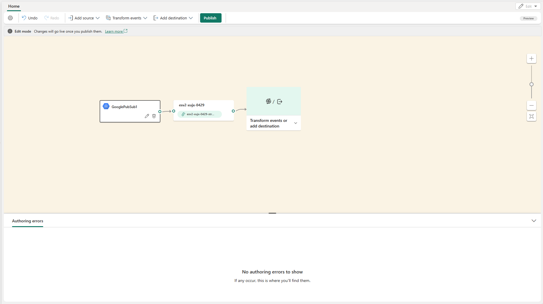 追加された Google Cloud Pub/Sub ソースを編集モードで [公開] ボタンが強調表示されたスクリーンショット。