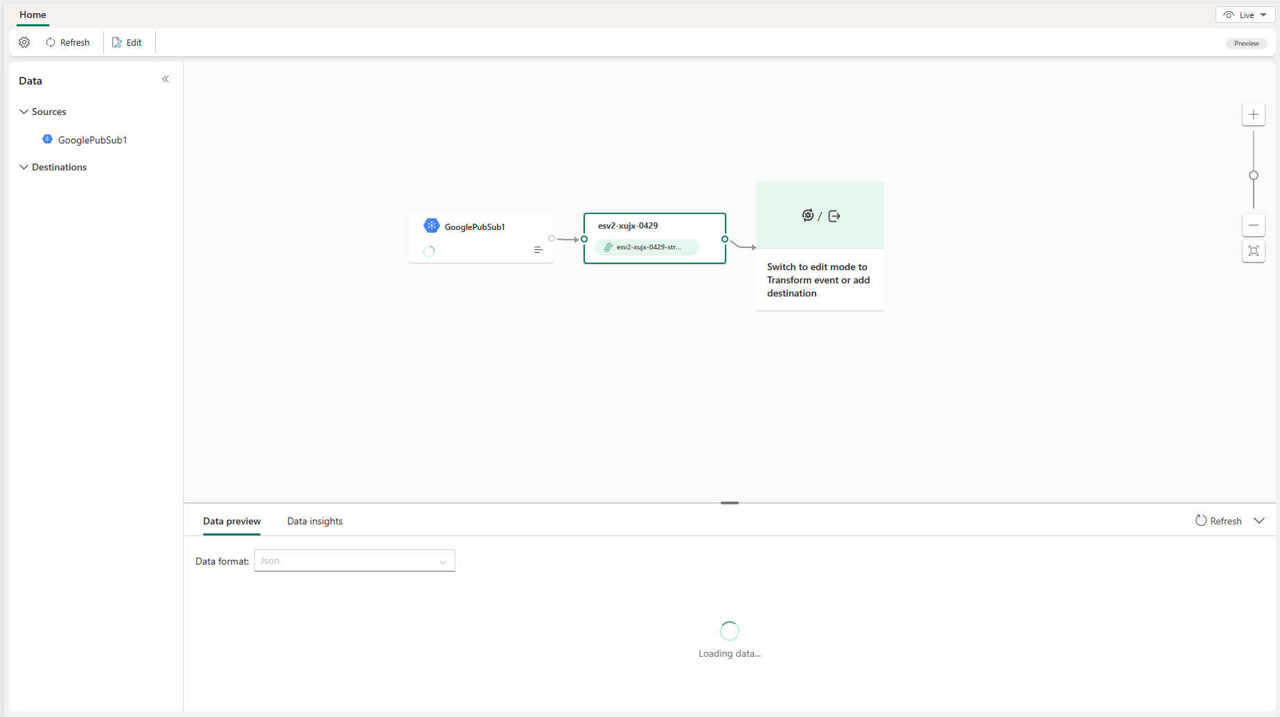 ライブビューの Google Cloud Pub/Sub ソースで公開されたイベントストリームのスクリーンショット。