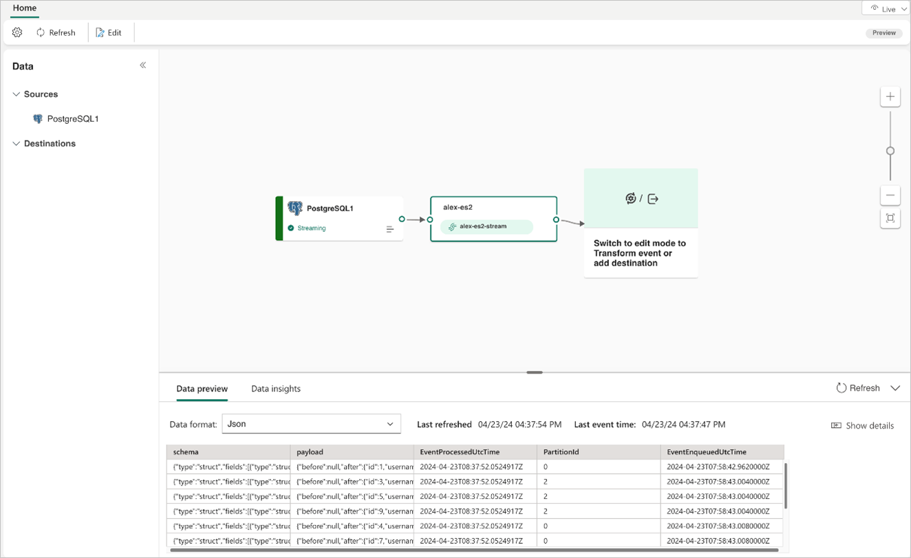 ライブビューでのストリーミングPostgreSQL DB CDC ソースのスクリーンショット。