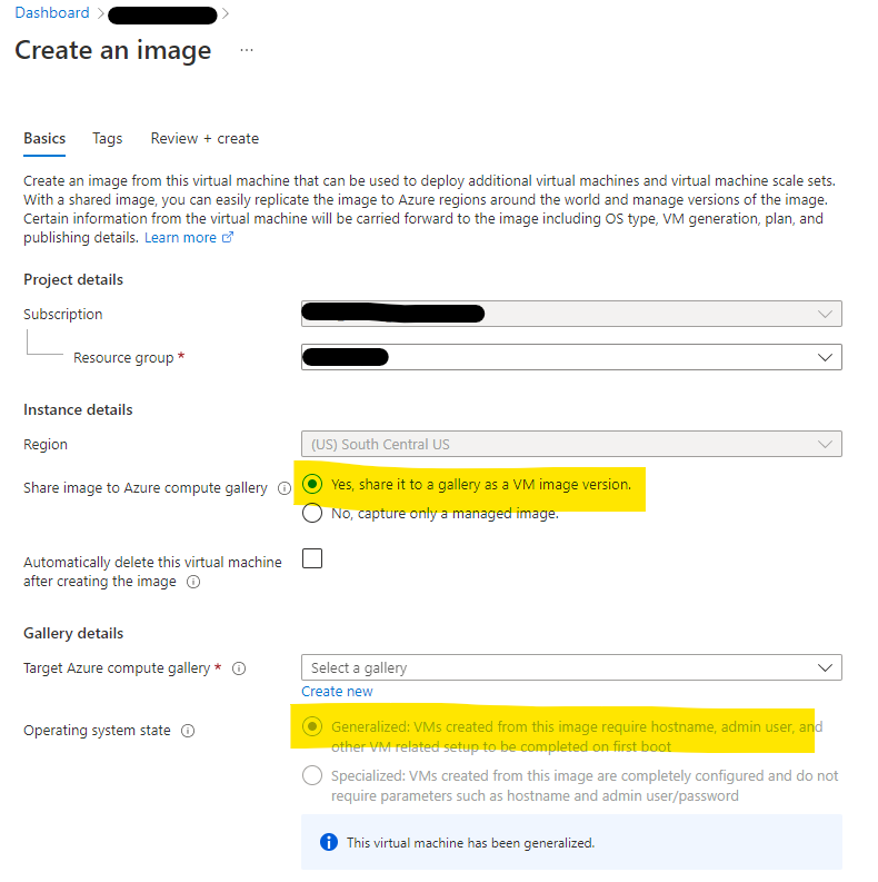 Screenshot showing how to share gallery as an image and generalize VM during creation