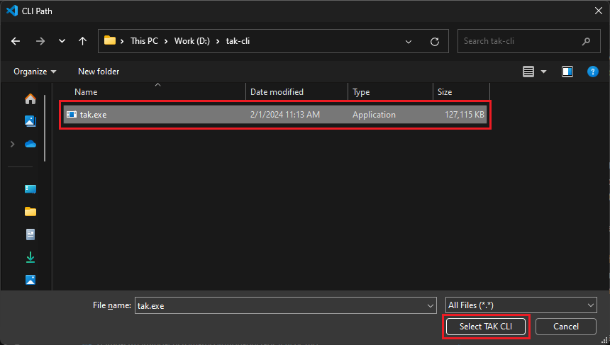 TAK CLI 実行可能ファイルを選択するためのファイル ピッカーのスクリーンショット