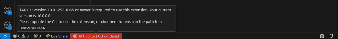TAK CLI のバージョンが古くなっていることを示すステータス バー項目のスクリーンショット