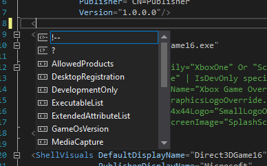 MicrosoftGame.config を使用する IntelliSense の例: 要素の作成時には、有効な要素名が自動的に表示されます。