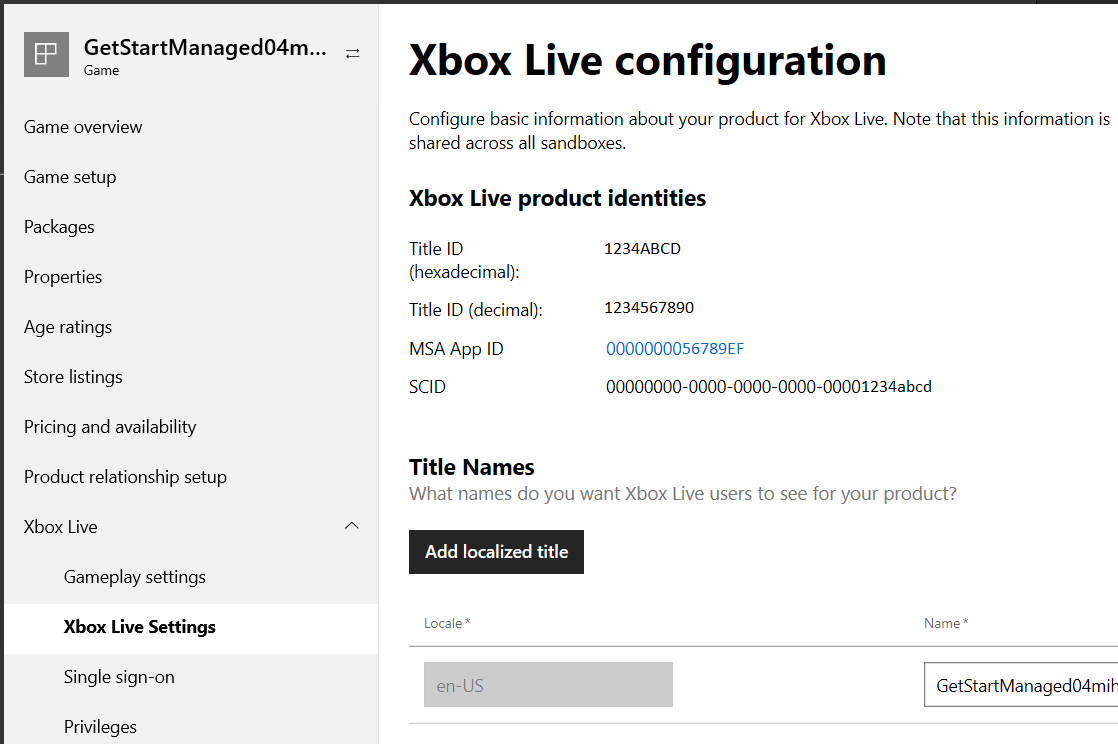 パートナー センター メニューで Xbox Live の構成に表示された SCID