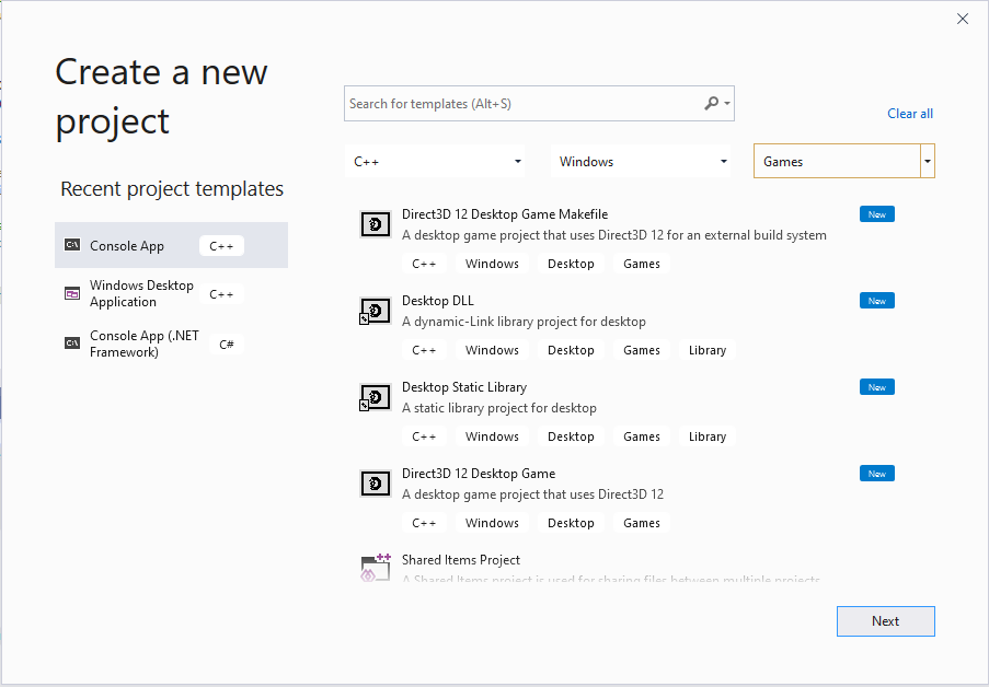 Visual Studio 2019 で Windows PC ゲーム テンプレートを検索するための [新しいプロジェクトの作成] ダイアログのスクリーンショット