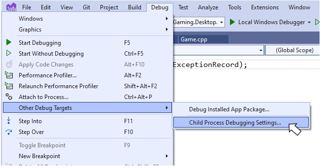Visual Studio の [子プロセスのデバッグ] メニュー