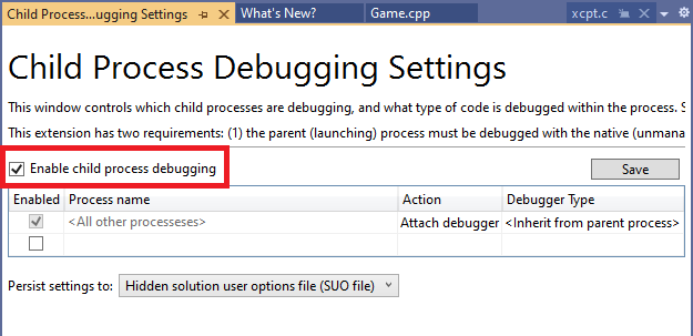 Visual Studio の [子プロセスのデバッグ] の構成